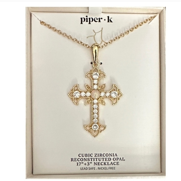 🤍🔹️Piper K 🔹️ Gold Cross Reconstituted Opal and Cubic Zirconia 17" Necklace - Picture 3 of 6